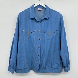 Vintage Jacket Coat Size XL 1X Denim Studs Shoulder Pad Pockets Western Festival